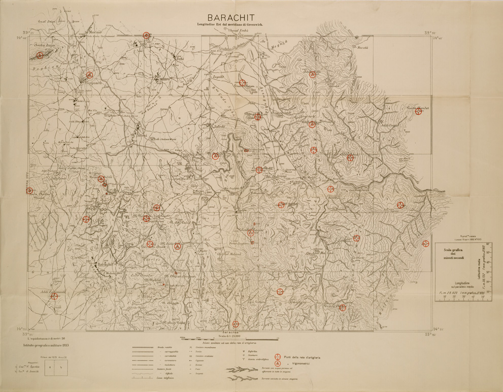 (N:29726) CARTA DELL'ERITREA - FOGLIO 2064 IV NE I NO - BARACHIT - COPIA CON I PUNTI D'ARTIGLIERIA IN ROSSO (SE003605) Carte e stampe antiche: riproduzione a colori su carta (formato A1)