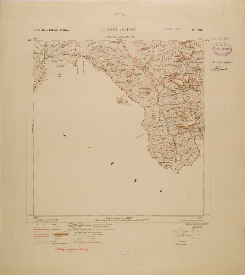 (N:29829) CARTA TOPOGRAFICA DELLA COLONIA ERITREA - FOGLIO 2063 - LOGGO SARDA (SE003690) Carte e stampe antiche: riproduzione a colori su carta (formato A1)