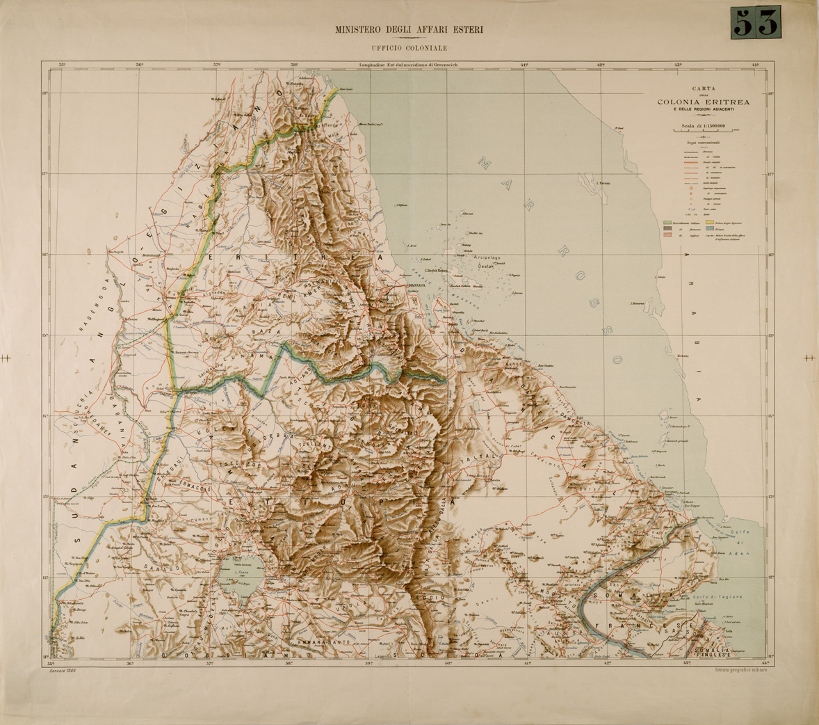 (N:29878) CARTA DELLA COLONIA ERITREA E DELLE REGIONI ADIACENTI (SE003741) Carte e stampe antiche: riproduzione a colori su carta (formato A1)