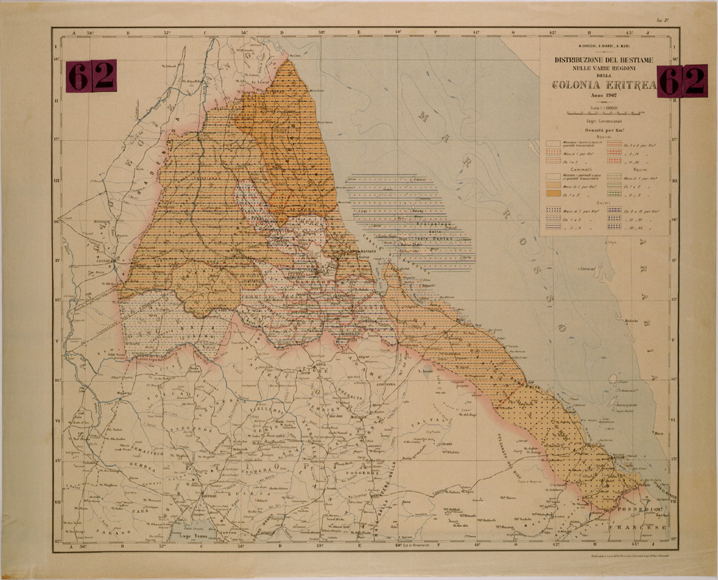 (N:30042) DISTRIBUZIONE DEL BESTIAME NELLE VARIE REGIONI DELLA COLONIA ERITREA (SE003915) Carte e stampe antiche: riproduzione a colori su carta (formato A1)