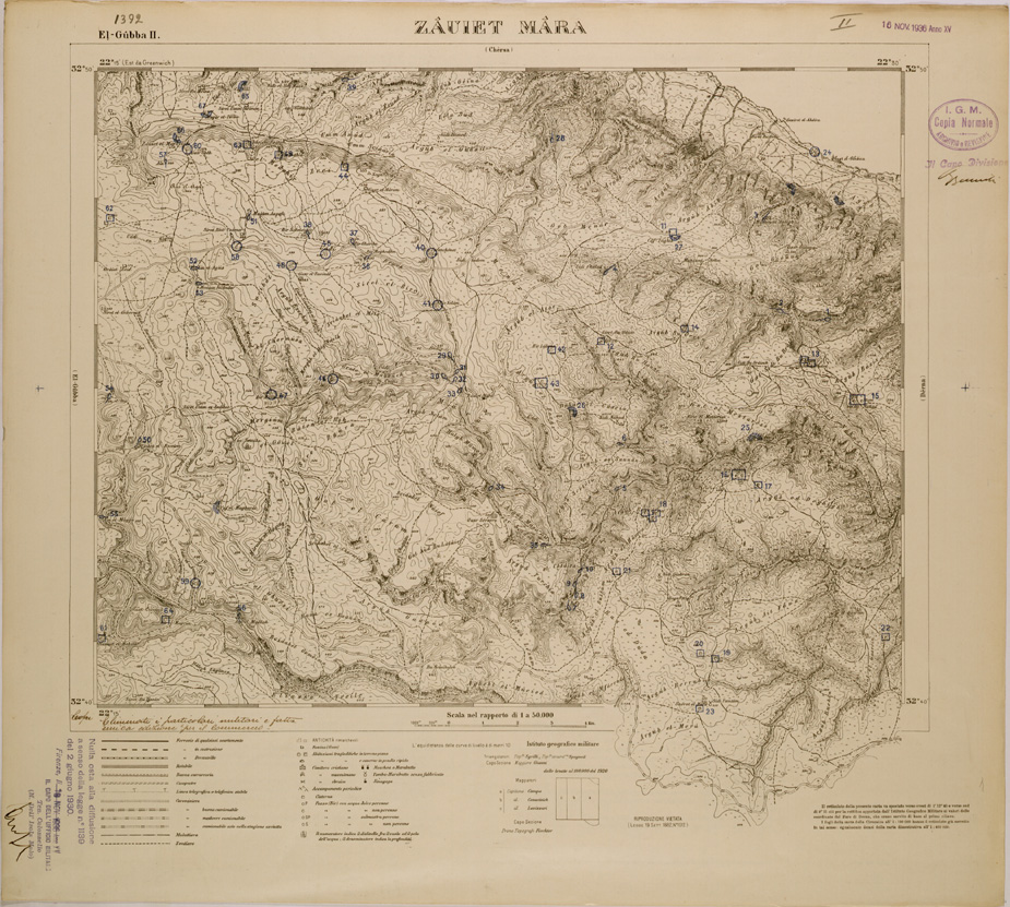 (N:30835) CARTA TEMATICA  DELLA CIRENAICA (QUALITA' DEI POZZI DELLE COLTURE E DEI TERRENI)  ZAUIET MARA (SE004270) Carte e stampe antiche: riproduzione a colori su carta (formato A1)