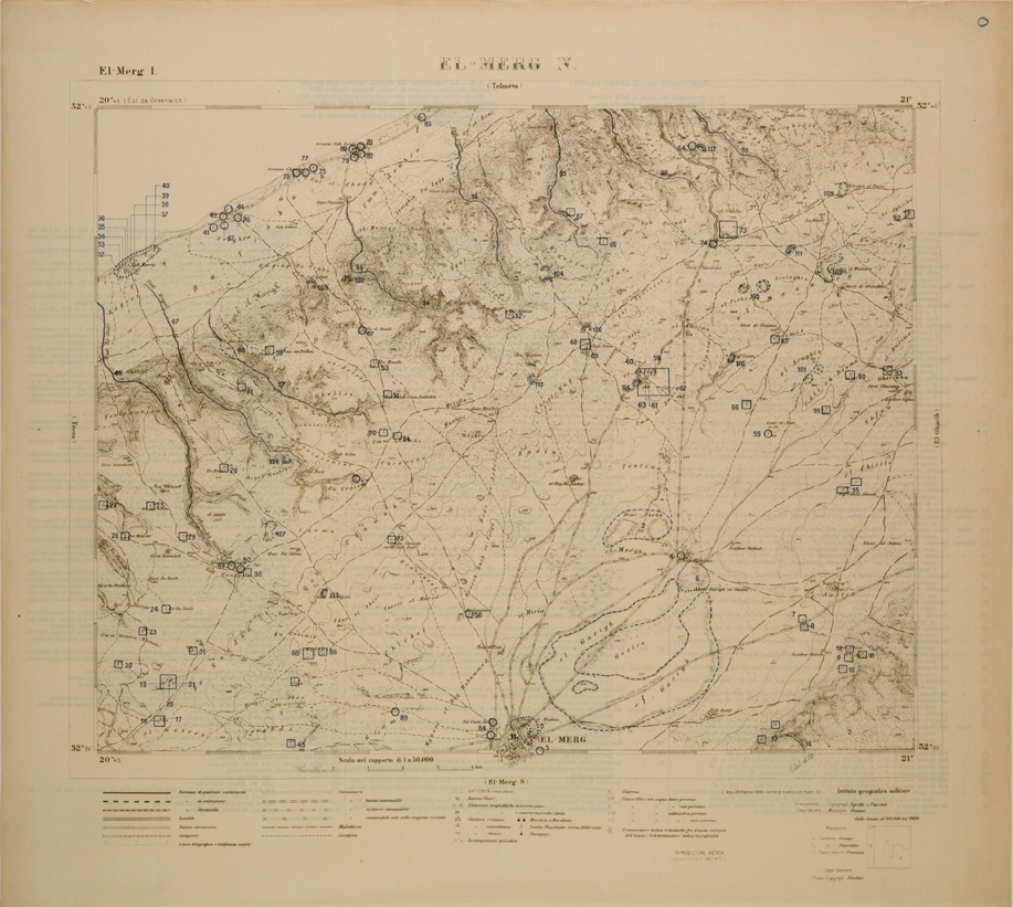 (N:30841) CARTA TEMATICA  DELLA CIRENAICA (QUALITA' DEI POZZI DELLE COLTURE E DEI TERRENI)  EL MERG N (SE004276) Carte e stampe antiche: riproduzione a colori su carta (formato A1)