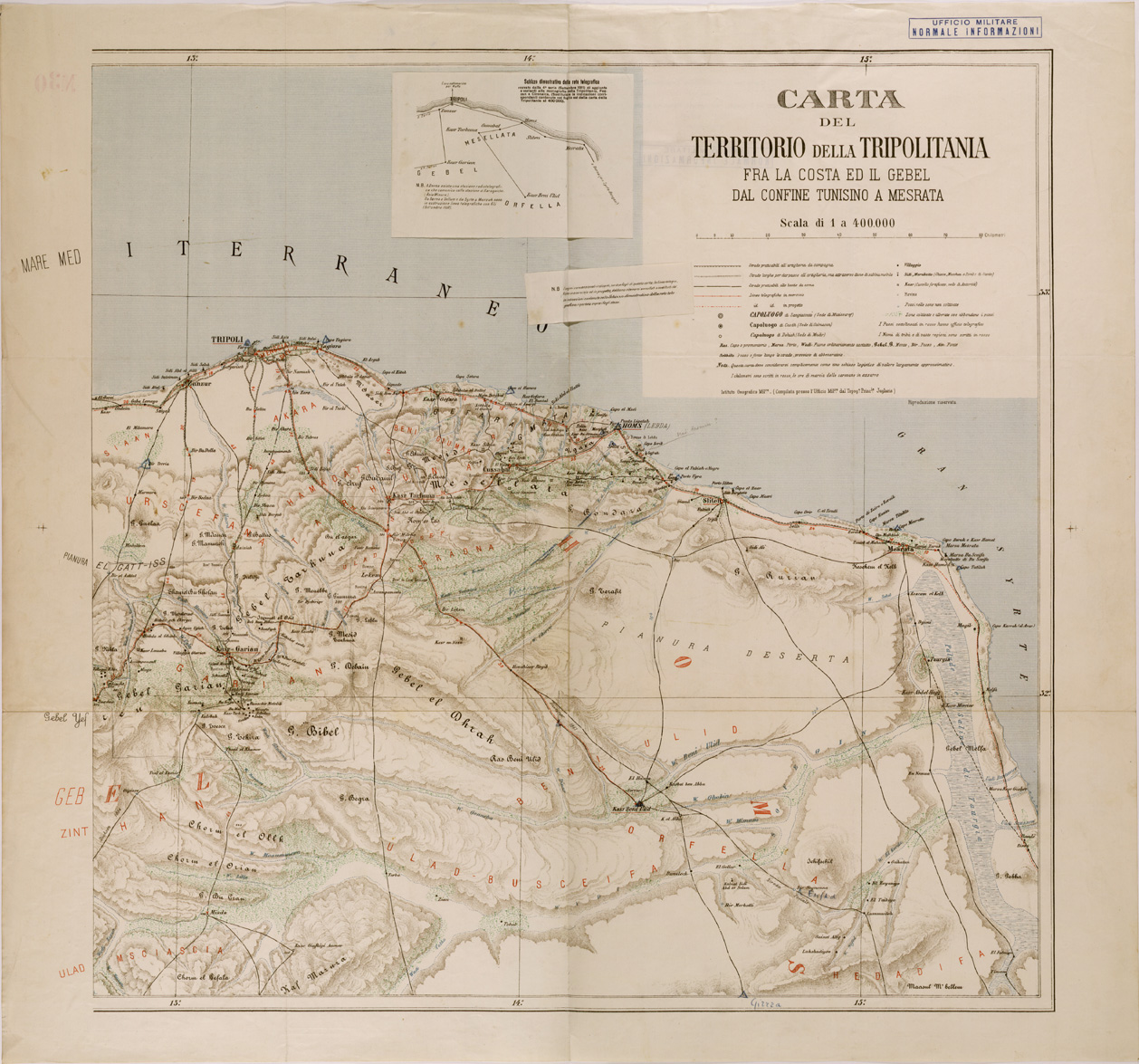 (N:30317) CARTA DEL TERRITORIO DELLA TRIPOLITANIA FRA LA COSTA ED IL GEBEL DAL CONFINE TUNISINO A MESRATA - FOGLIO 2 (SE004341) Carte e stampe antiche: riproduzione a colori su carta (formato A1)