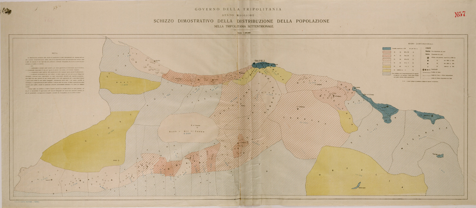 (N:30375) GOVERNO DELLA TRIPOLITANIA STATO MAGGIORE SCHIZZO DIMOSTRATIVO DELLA DISTRIBUZIONE DELLA POPOLAZIONE NELLA TRIPOLITANIA SETTENTRIONALE - PARTE 1-2. (SE004406) Carte e stampe antiche: riproduzione a colori su carta (formato A1)