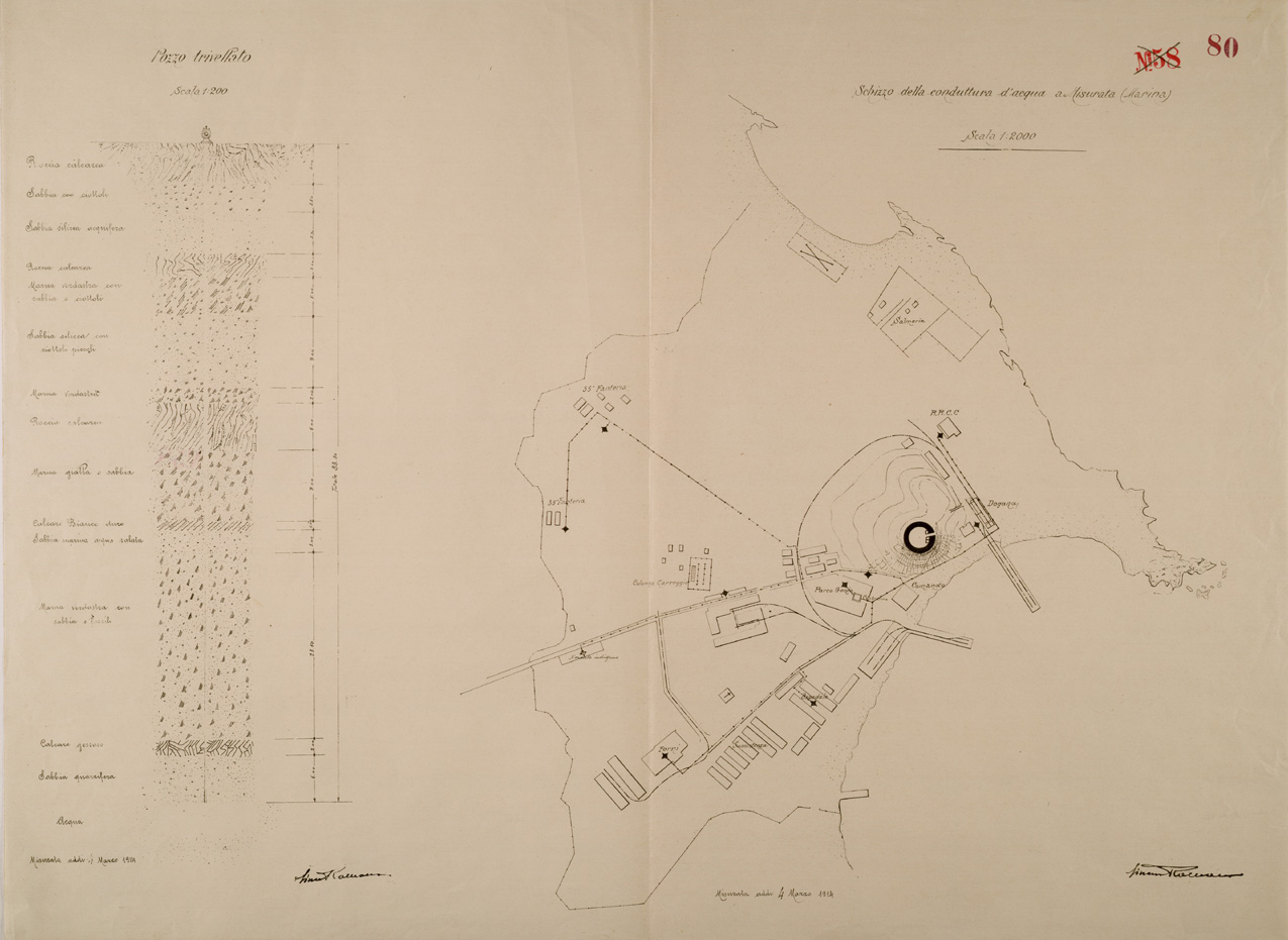 (N:30410) SCHIZZO DELLA CONDUTTURA D'ACQUA A MISURATA (MARINA). (SE004447) Carte e stampe antiche: riproduzione a colori su carta (formato A1)