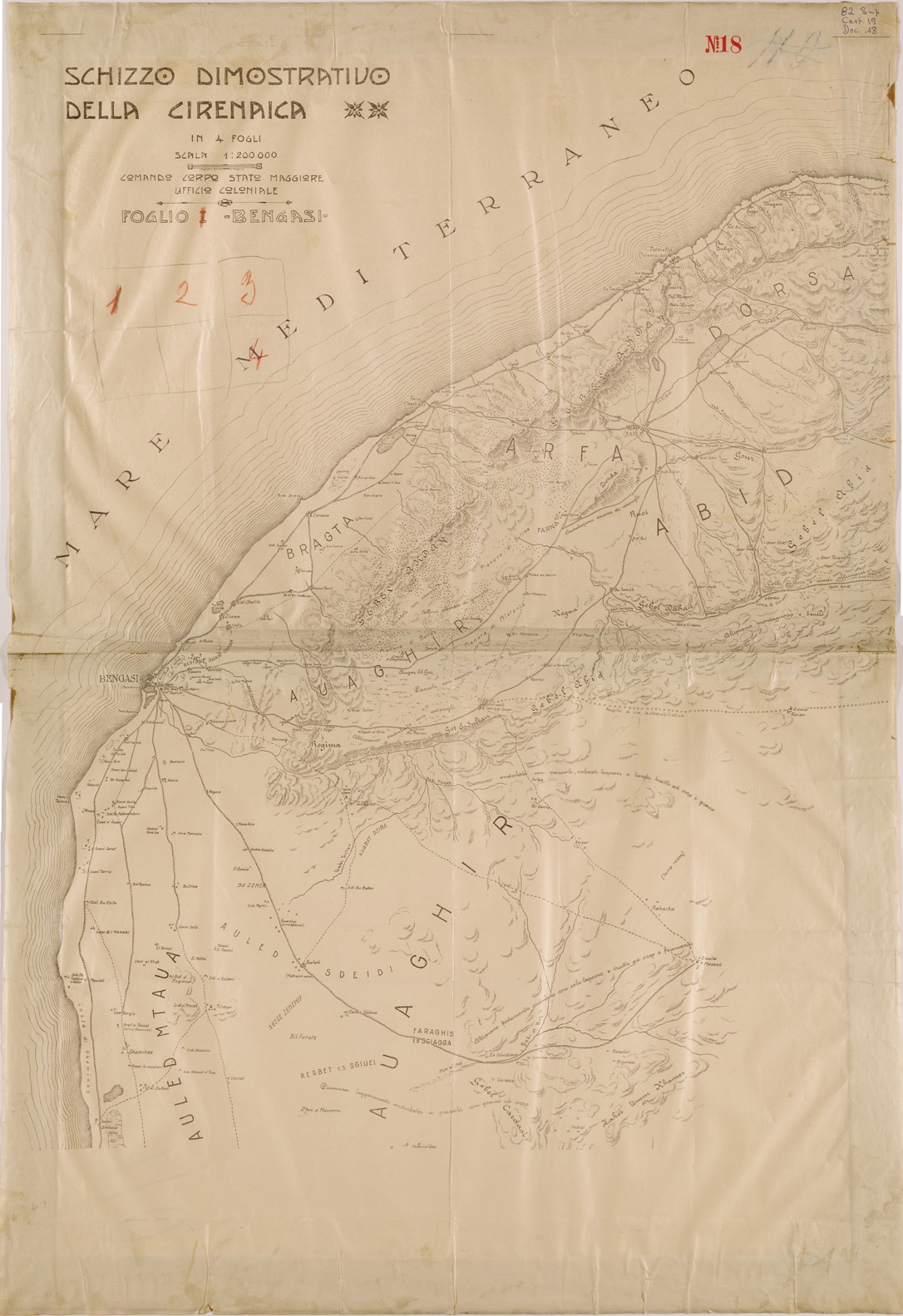 (N:30445) SCHIZZO DIMOSTRATIVO DELLA CIRENAICA - FOGLIO I BENGASI. (SE004473) Carte e stampe antiche: riproduzione a colori su carta (formato A1)