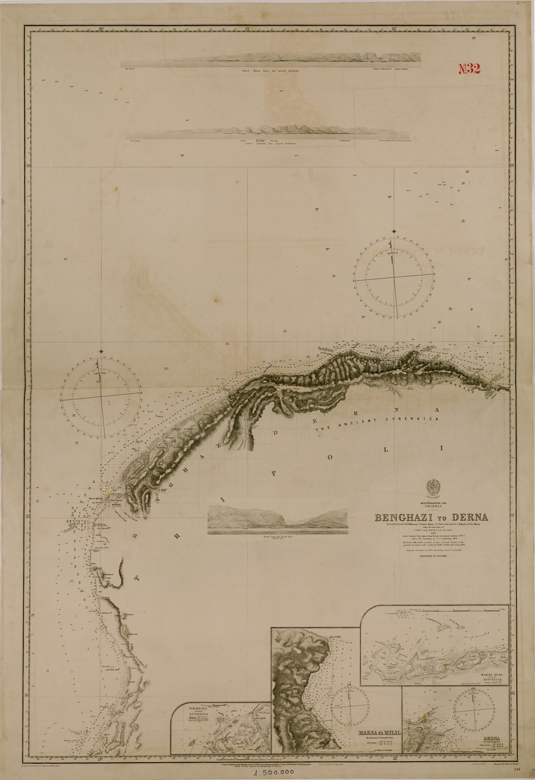 (N:30468) BENGASI TO DERNA. (SE004495) Carte e stampe antiche: riproduzione a colori su carta (formato A1)