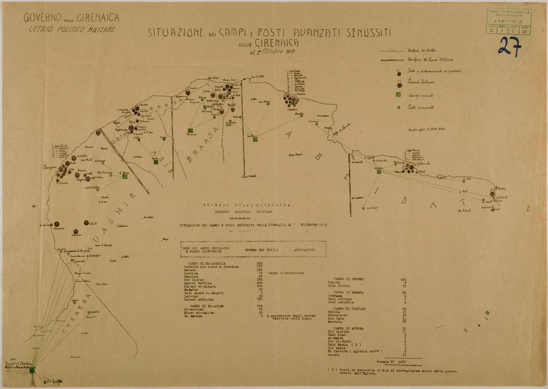 (N:30561) SITUAZIONE DEI CAMPI E POSTI AVANZATI SENUSSITI DELLA CIRENAICA. (SE004575) Carte e stampe antiche: riproduzione a colori su carta (formato A1)