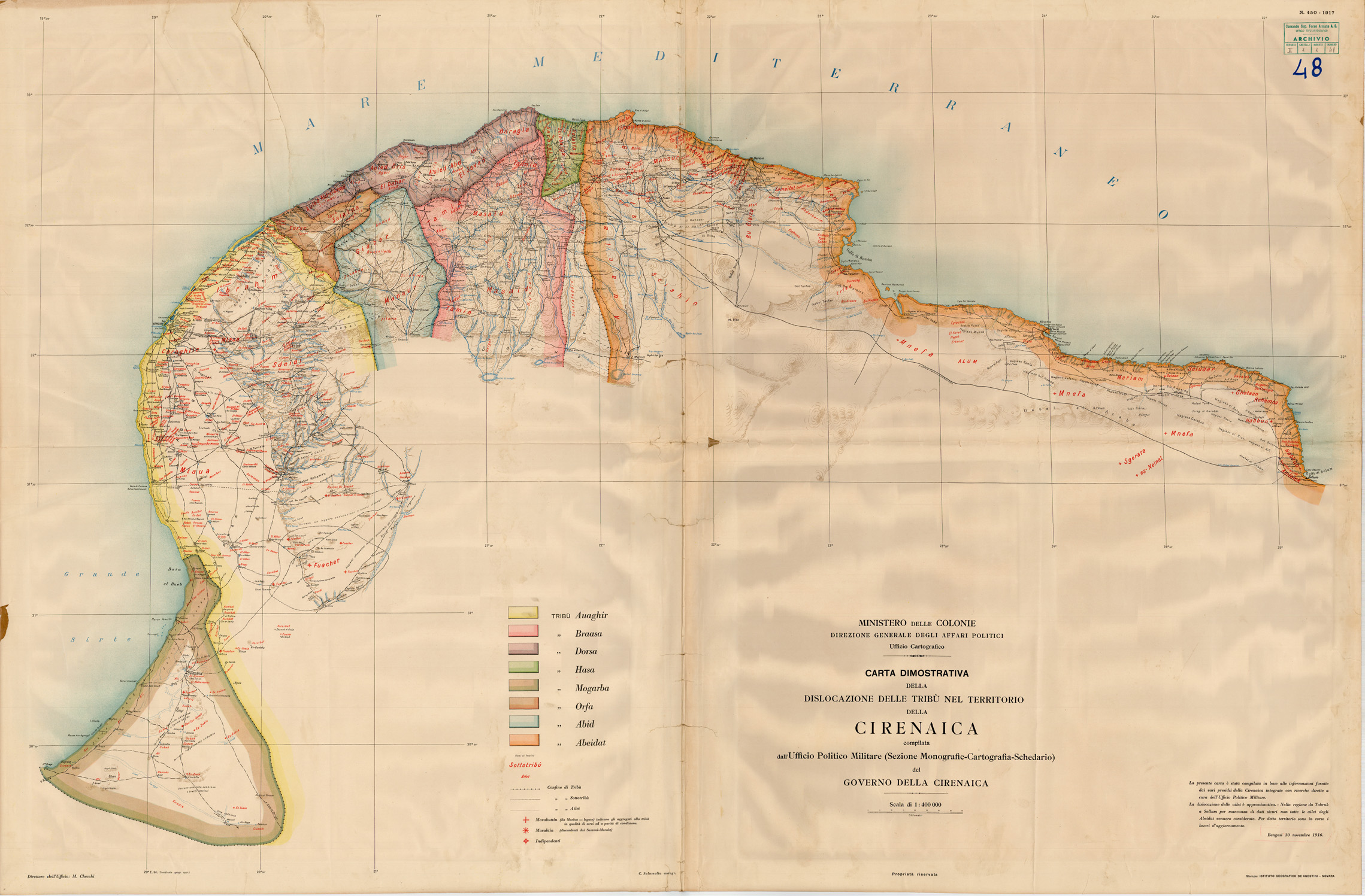 (N:30576) CARTA DIMOSTRATIVA DELLA DISLOCAZIONE DELLE TRIBU' NEL TERRITORIO DELLA CIRENAICA (SE004586) Carte e stampe antiche: riproduzione a colori su carta (formato A1)