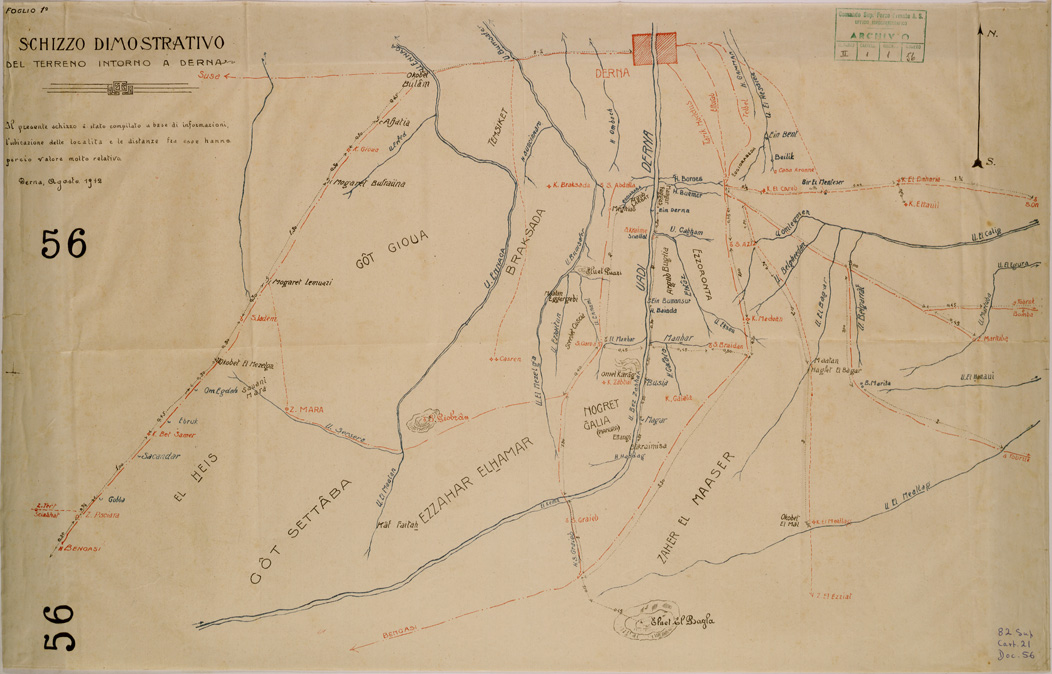 (N:30580) SCHIZZO DIMOSTRATIVO DEL TERRENO INTORNO A DERNA. (SE004594) Carte e stampe antiche: riproduzione a colori su carta (formato A1)