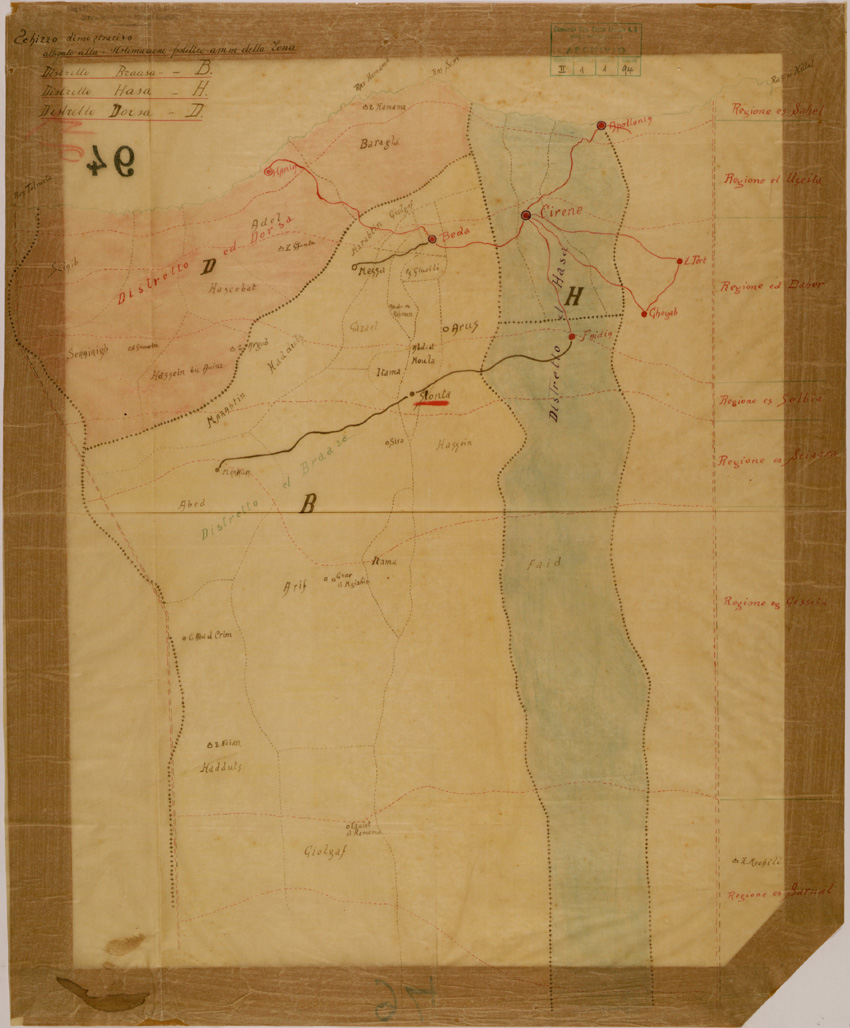 (N:30669) SISTEMAZIONE POLITICO AMMINISTRATIVA DELLA ZONA DI CIRENE. (SE004686) Carte e stampe antiche: riproduzione a colori su carta (formato A1)