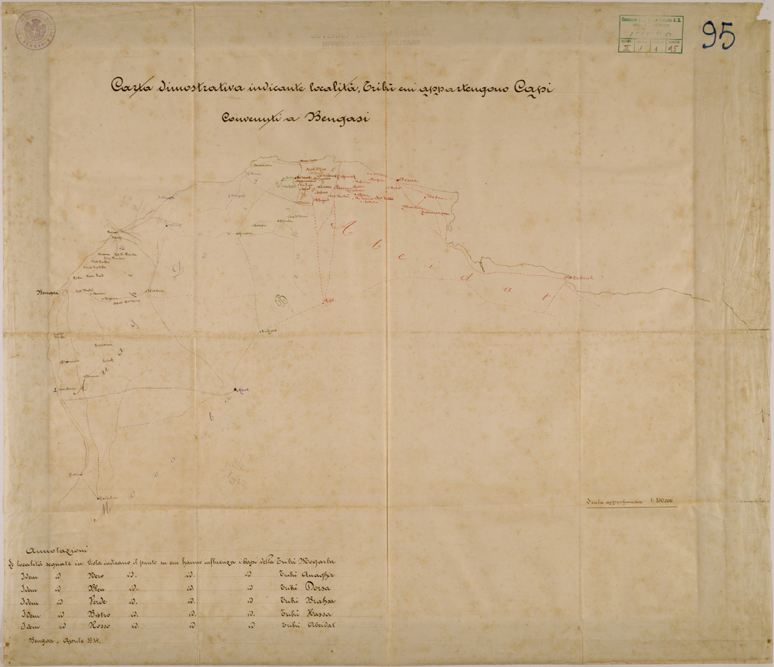 (N:30670) LOCALITA' E TRIBU' CUI APPARTENGONO I CAPI CONVENUTI A BENGASI. (SE004687) Carte e stampe antiche: riproduzione a colori su carta (formato A1)