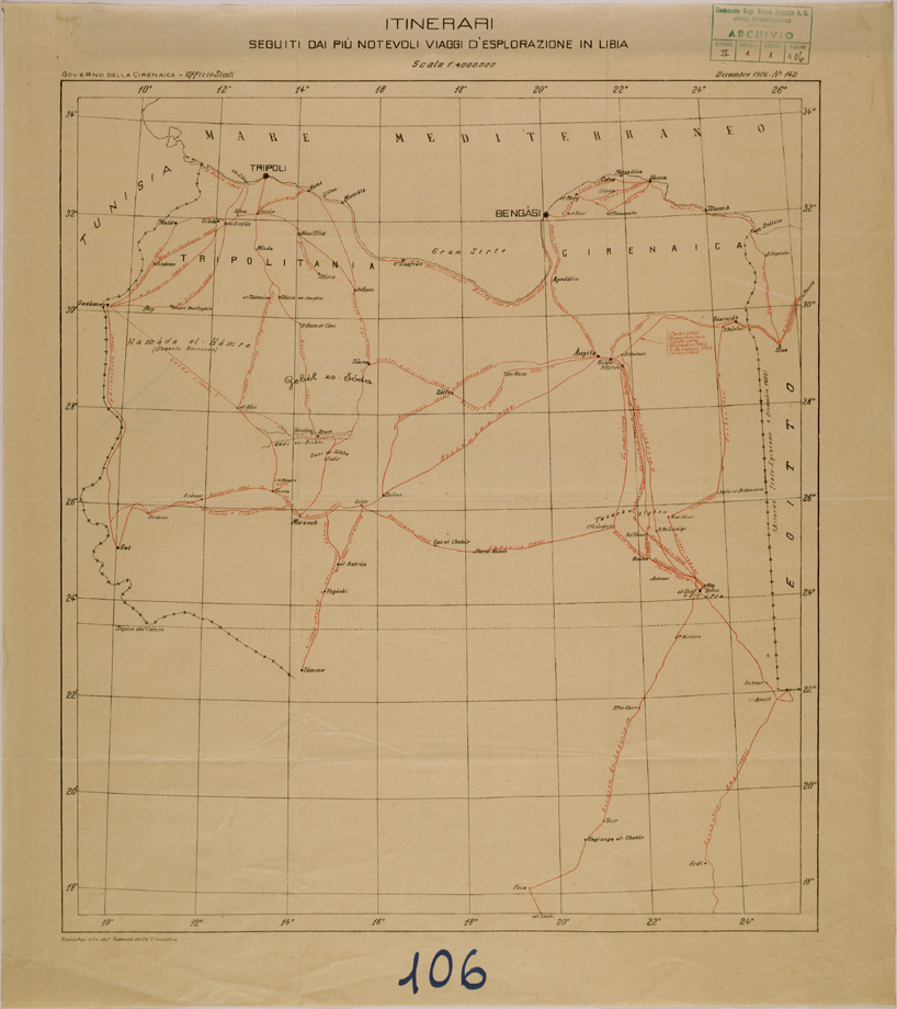 (N:30680) ITINERARI SEGUITI DAI PIU' NOTEVOLI VIAGGI DELL'ESPLORAZIONE IN LIBIA. (SE004698) Carte e stampe antiche: riproduzione a colori su carta (formato A1)
