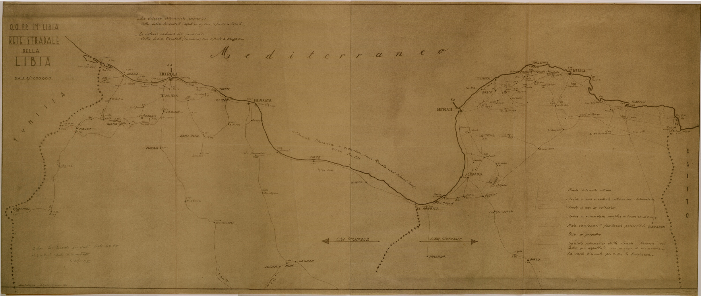 (N:31004) RETE STRADALE DELLA LIBIA (SE004950) Carte e stampe antiche: riproduzione a colori su carta (formato A1)