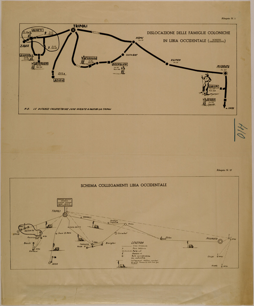 (N:31039) DISLOCAZIONE DELLE FAMIGLIE COLONICHE E SCHEMA COLLEGAMENTI LIBIA OCCIDENTALE. (SE005005) Carte e stampe antiche: riproduzione a colori su carta (formato A1)