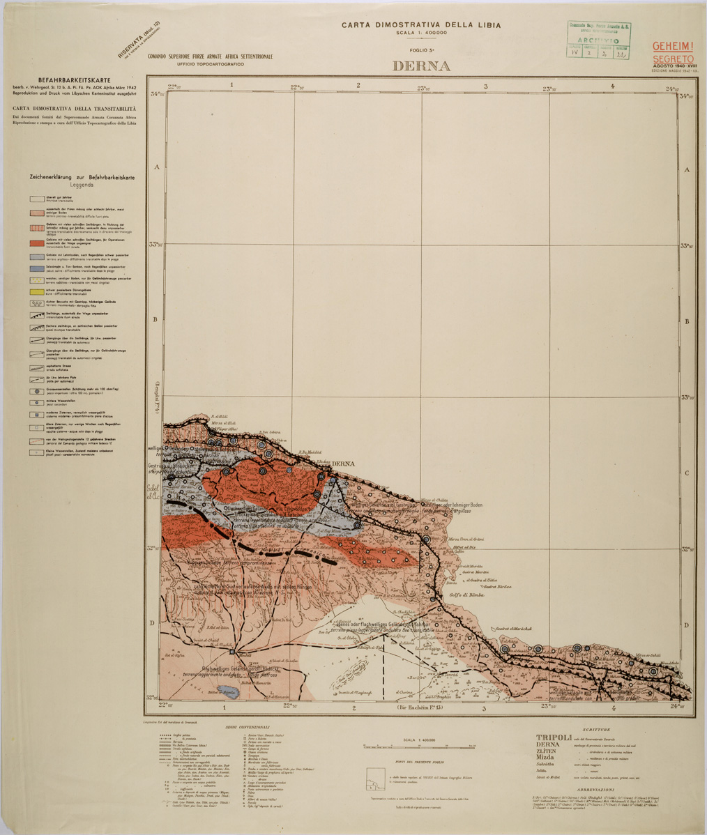 (N:31470) CARTA DIMOSTRATIVA DELLA TRANSIBILITA' DELLA CIRENAICA - DERNA. (SE005528) Carte e stampe antiche: riproduzione a colori su carta (formato A1)