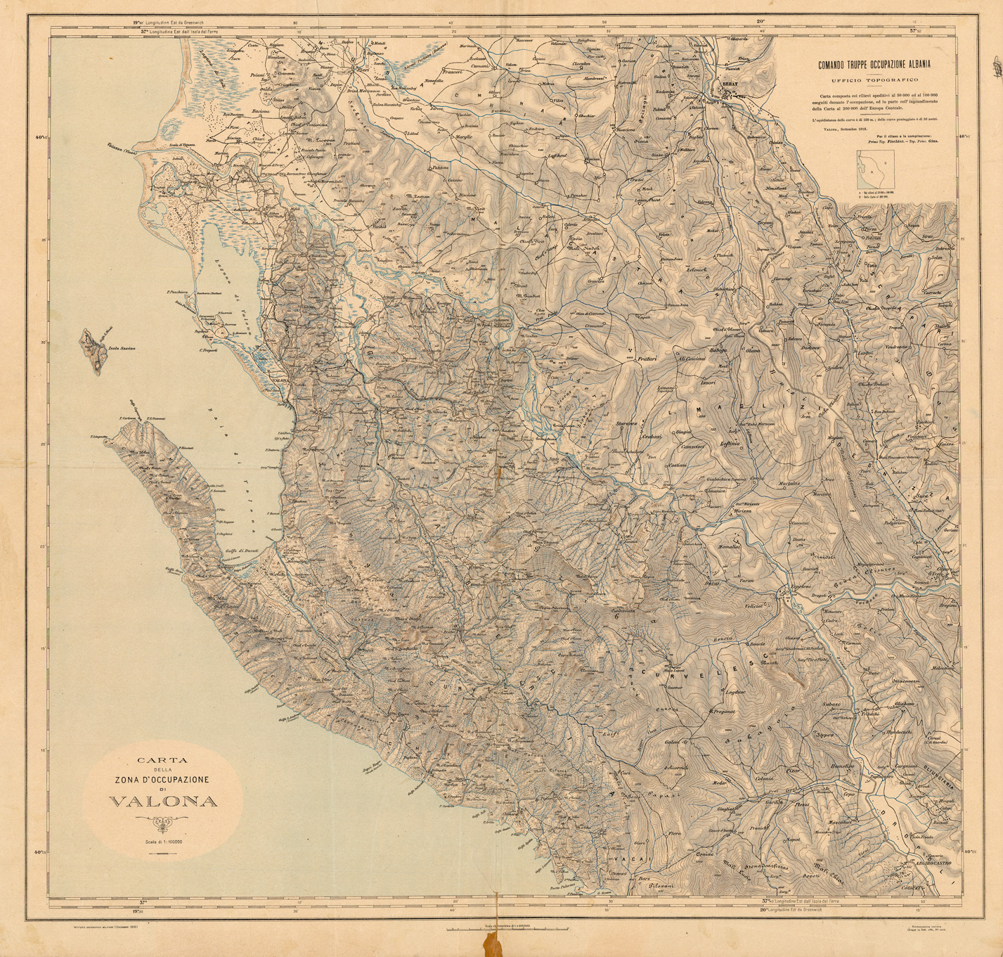 (N:35322) CARTA DELLA ZONA D' OCCUPAZIONE DI VALONA - EDIZIONE 1916 (SE006405) Carte e stampe antiche: riproduzione a colori su carta (formato A1)