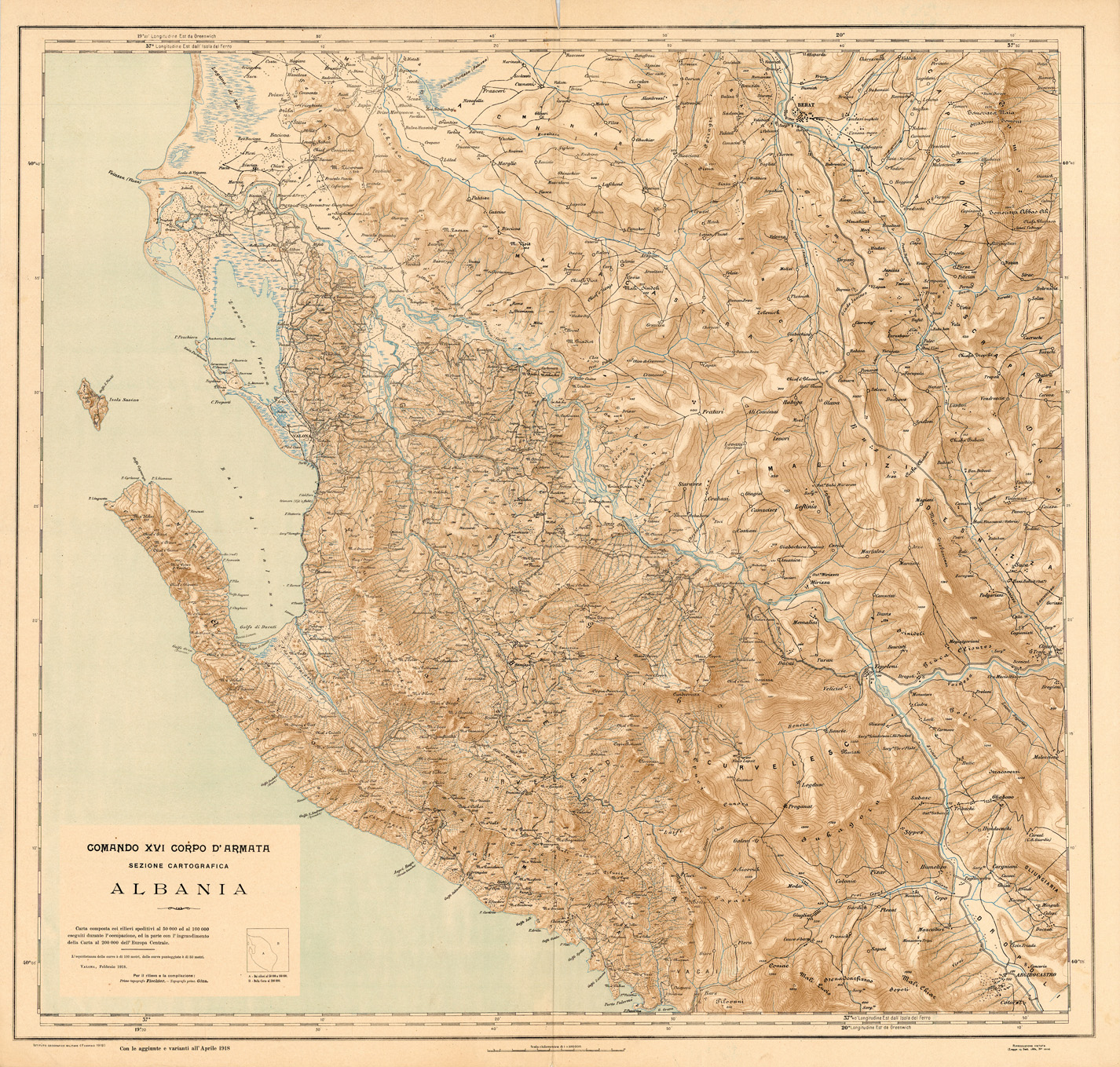 (N:35323) CARTA DELLA ZONA D' OCCUPAZIONE DI VALONA - EDIZIONE 1918 (SE006407) Carte e stampe antiche: riproduzione a colori su carta (formato A1)