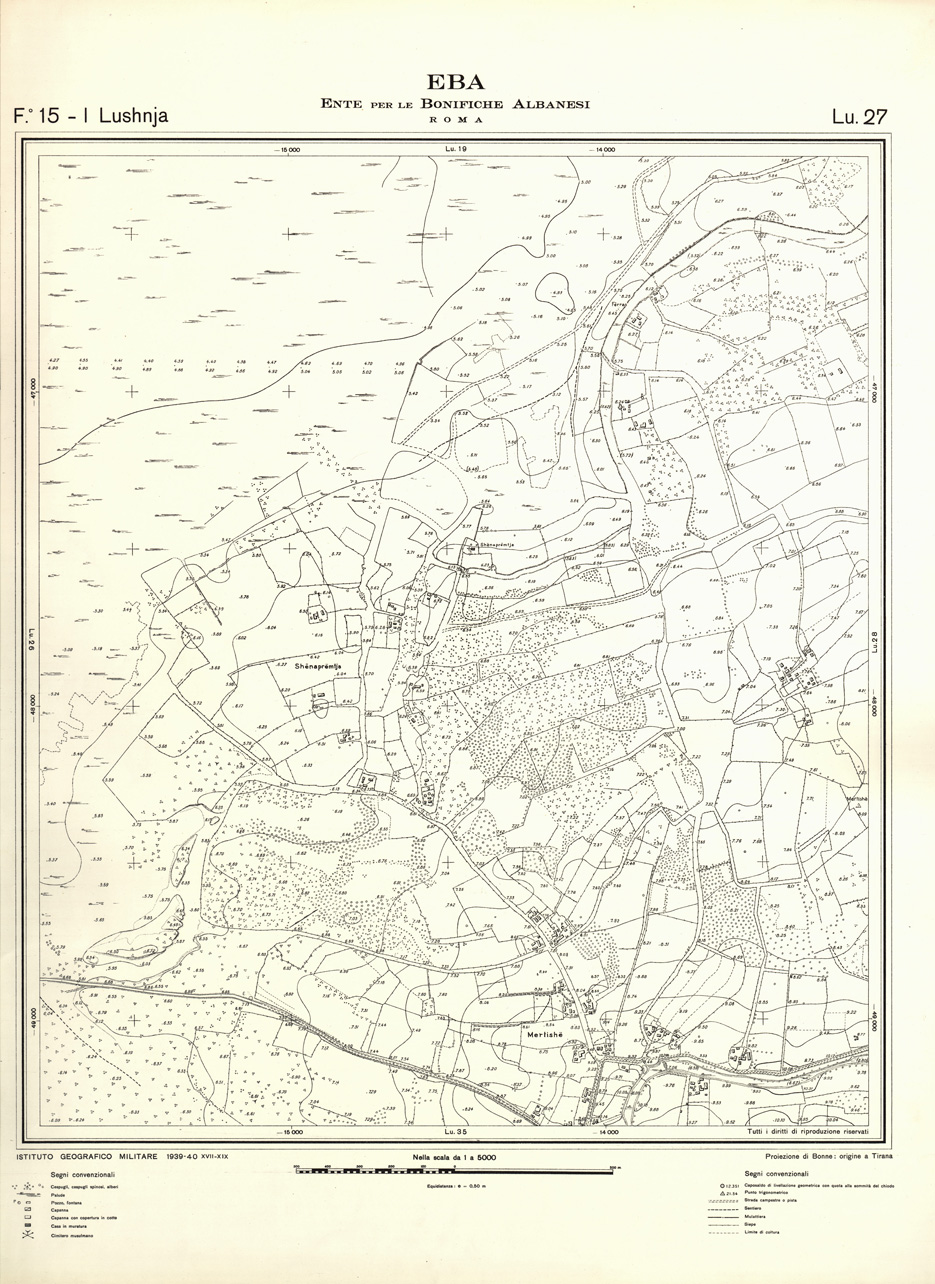 (N:32180) ENTE PER LE BONIFICHE ALBANESI - FOGLIO 15 I - LUSHNJA LU 27 (SE006537) Carte e stampe antiche: riproduzione a colori su carta (formato A1)