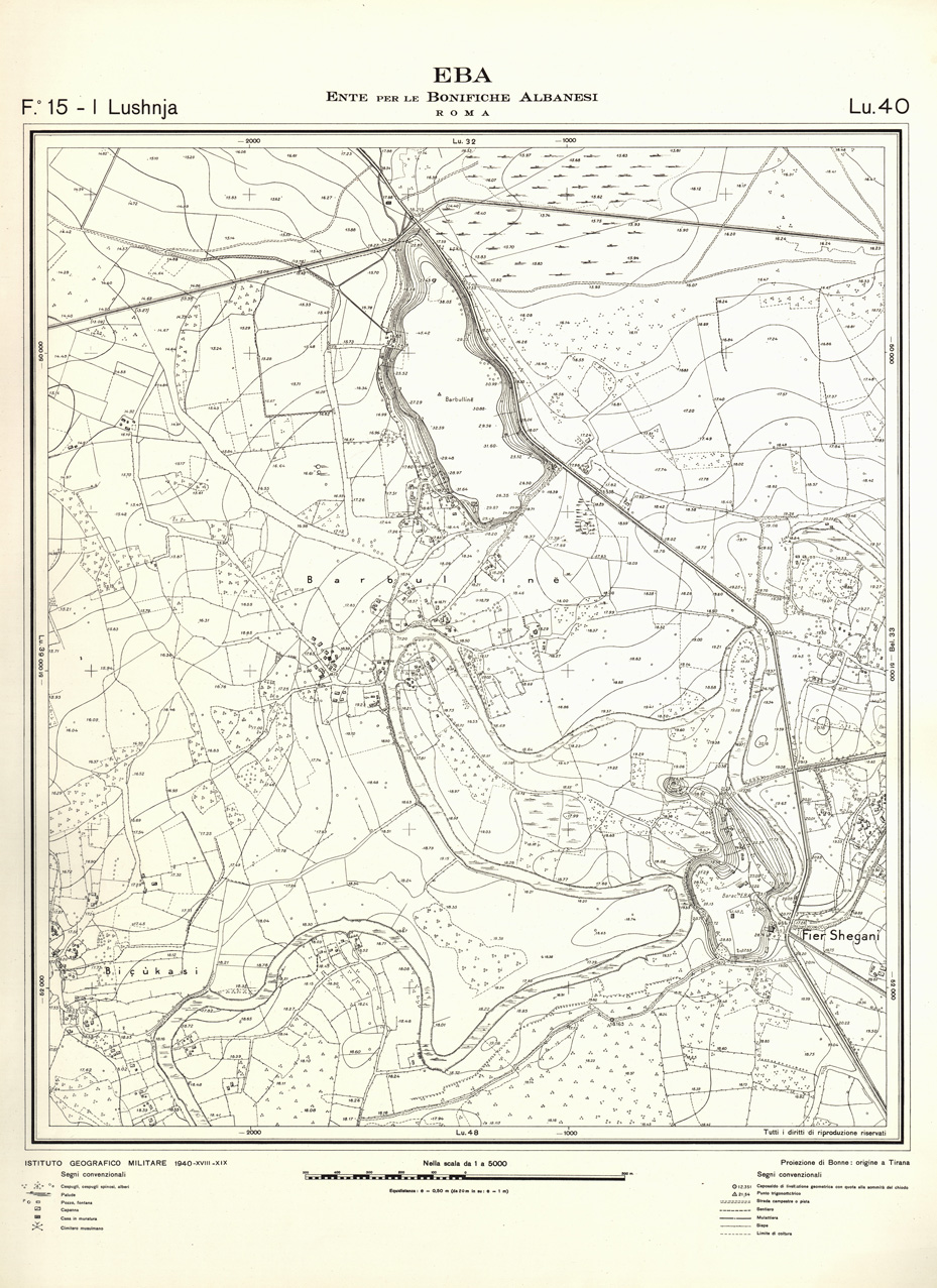 (N:32227) ENTE PER LE BONIFICHE ALBANESI - FOGLIO 15 I - LUSHNJA LU 40 (SE006549) Carte e stampe antiche: riproduzione a colori su carta (formato A1)