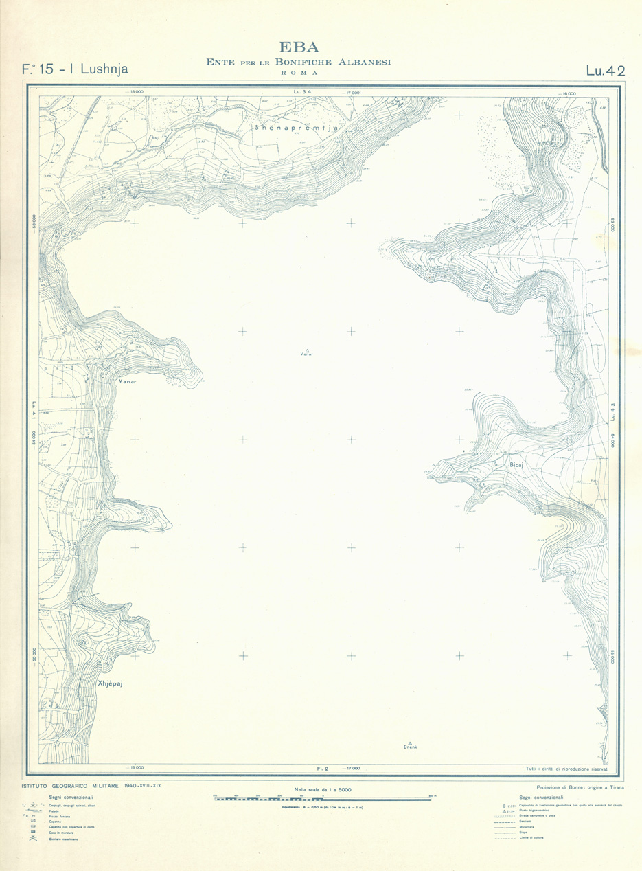 (N:32228) ENTE PER LE BONIFICHE ALBANESI - FOGLIO 15 I - LUSHNJA LU 42 (SE006550) Carte e stampe antiche: riproduzione a colori su carta (formato A1)