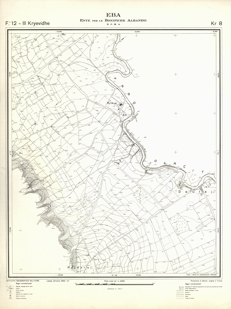 (N:32248) ENTE PER LE BONIFICHE ALBANESI - FOGLIO 12 III - KRYEVIDHE KR 08 (SE006557) Carte e stampe antiche: riproduzione a colori su carta (formato A1)