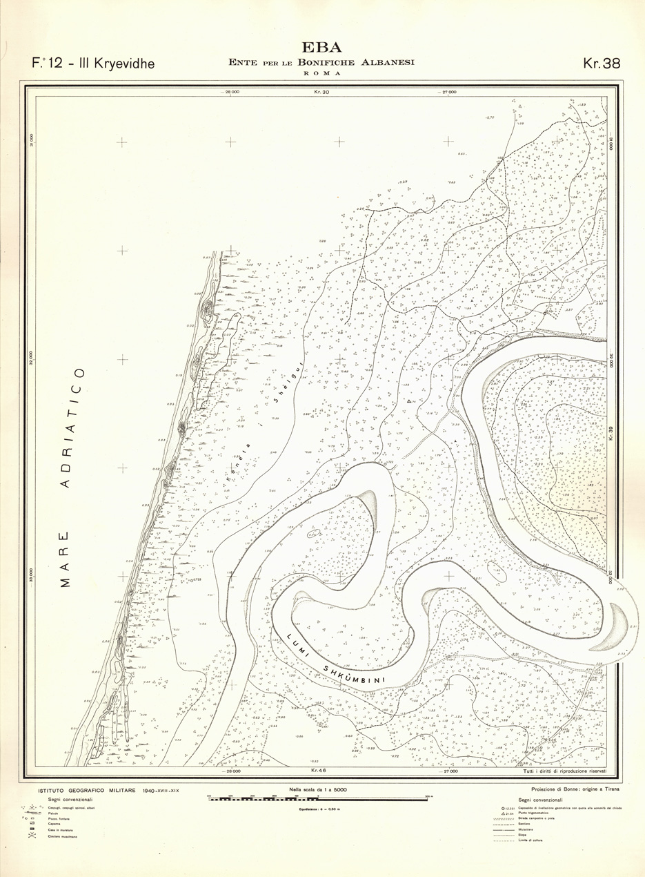 (N:32250) ENTE PER LE BONIFICHE ALBANESI - FOGLIO 12 III - KRYEVIDHE KR 38 (SE006559) Carte e stampe antiche: riproduzione a colori su carta (formato A1)