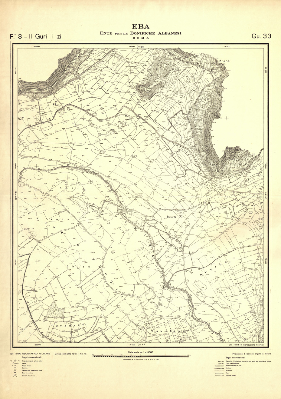 (N:32331) ENTE PER LE BONIFICHE ALBANESI - FOGLIO 03 II - GURI I ZI GU 33 (SE006638) Carte e stampe antiche: riproduzione a colori su carta (formato A1)