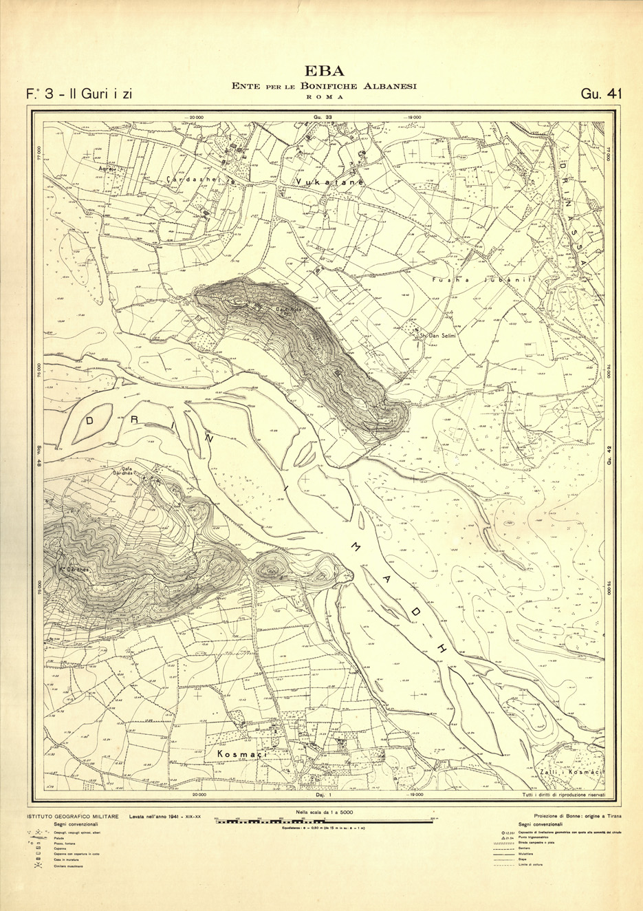(N:32333) ENTE PER LE BONIFICHE ALBANESI - FOGLIO 03 II - GURI I ZI GU 41 (SE006640) Carte e stampe antiche: riproduzione a colori su carta (formato A1)