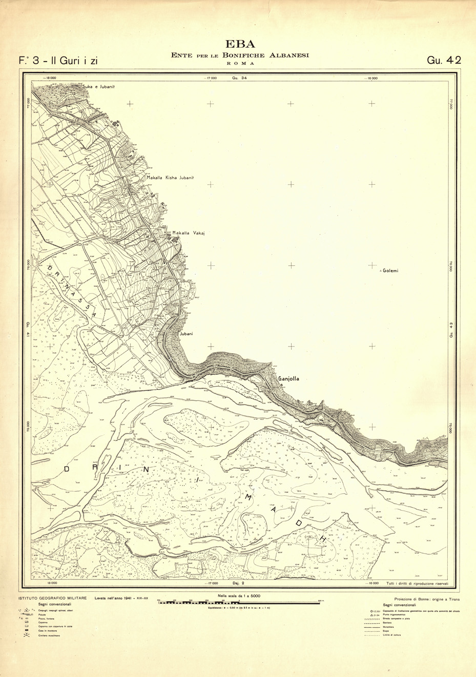 (N:32334) ENTE PER LE BONIFICHE ALBANESI - FOGLIO 03 II - GURI I ZI GU 42 (SE006641) Carte e stampe antiche: riproduzione a colori su carta (formato A1)