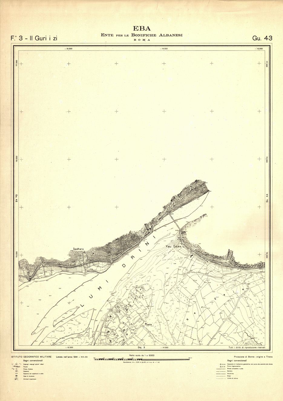 (N:32335) ENTE PER LE BONIFICHE ALBANESI - FOGLIO 03 II - GURI I ZI GU 43 (SE006642) Carte e stampe antiche: riproduzione a colori su carta (formato A1)