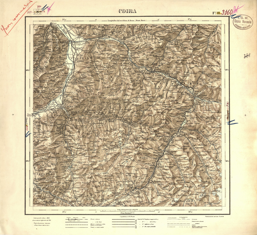 (N:32383) FOGLI OLTRE FRONTIERA - FOGLIO 3160 COIRA (SE006686) Carte e stampe antiche: riproduzione a colori su carta (formato A1)