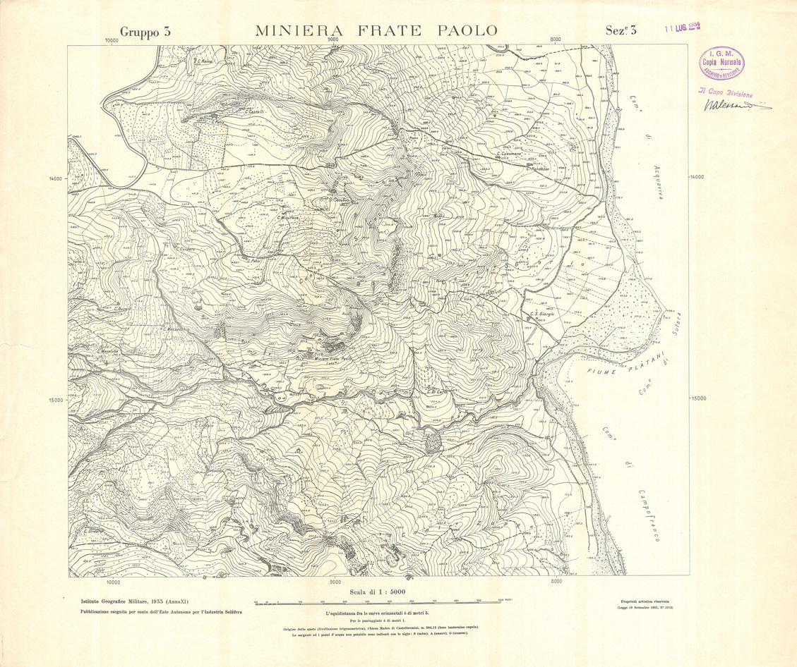 (N:32779) MINIERE SOLFIFERE DELLA SICILIA GRUPPO 3 SEZ 3 MINIERA FRATE PAOLO (SE006738) Carte e stampe antiche: riproduzione a colori su carta (formato A1)