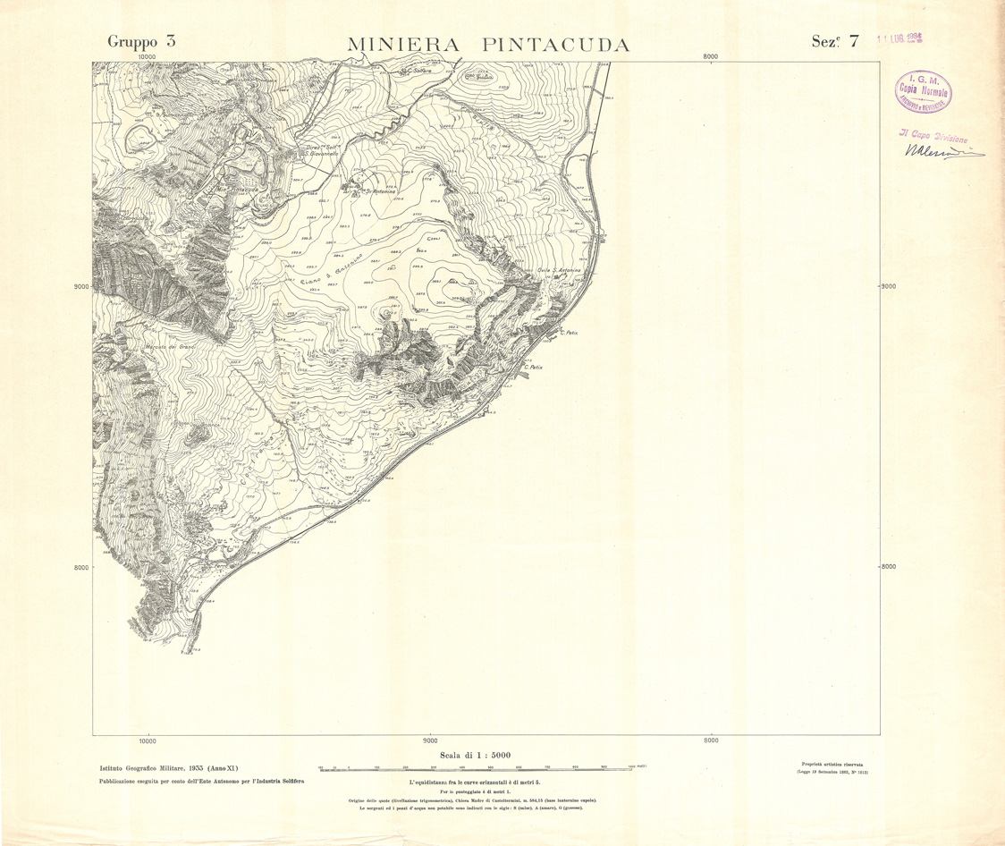 (N:32783) MINIERE SOLFIFERE DELLA SICILIA GRUPPO 3 SEZ 7 MINIERA PINTACUDA (SE006742) Carte e stampe antiche: riproduzione a colori su carta (formato A1)