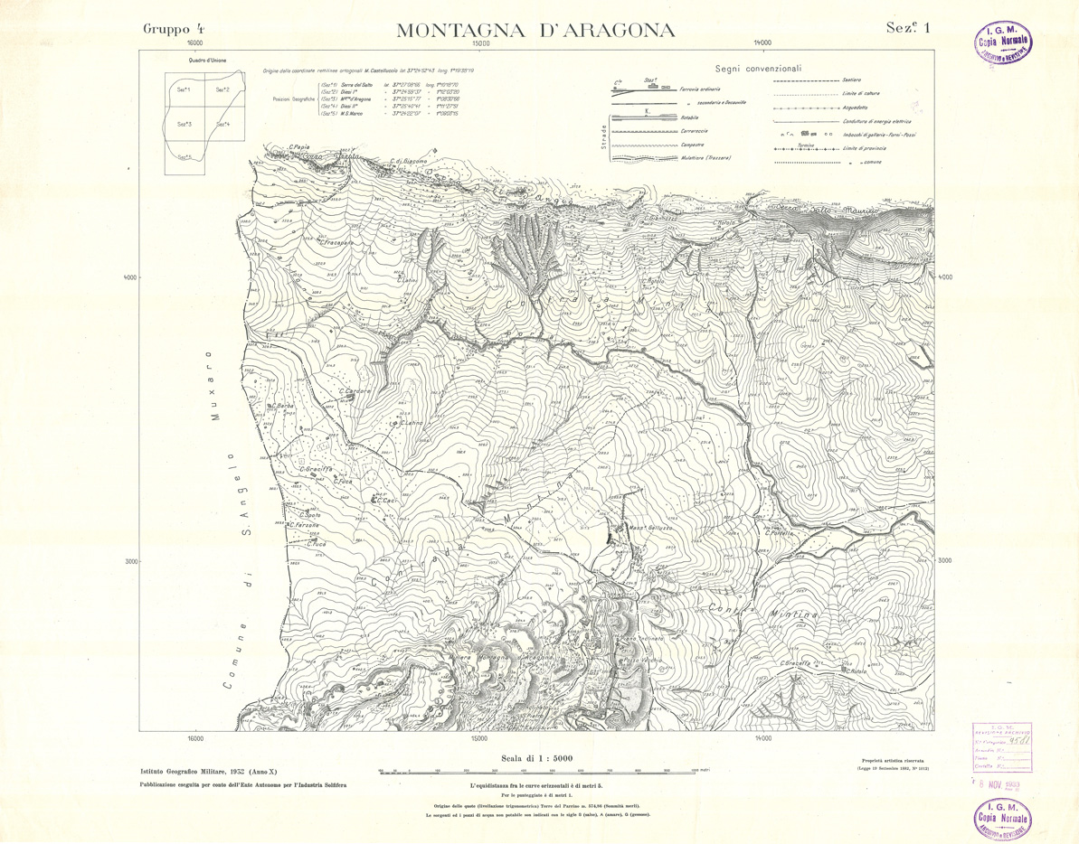 (N:32784) MINIERE SOLFIFERE DELLA SICILIA GRUPPO 4 SEZ 1 MONTAGNA D'ARAGONA (SE006743) Carte e stampe antiche: riproduzione a colori su carta (formato A1)