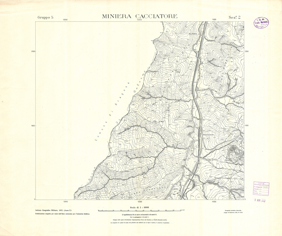 (N:32791) MINIERE SOLFIFERE DELLA SICILIA GRUPPO 5 SEZ 2 MINIERA CACCIATORE (SE006749) Carte e stampe antiche: riproduzione a colori su carta (formato A1)