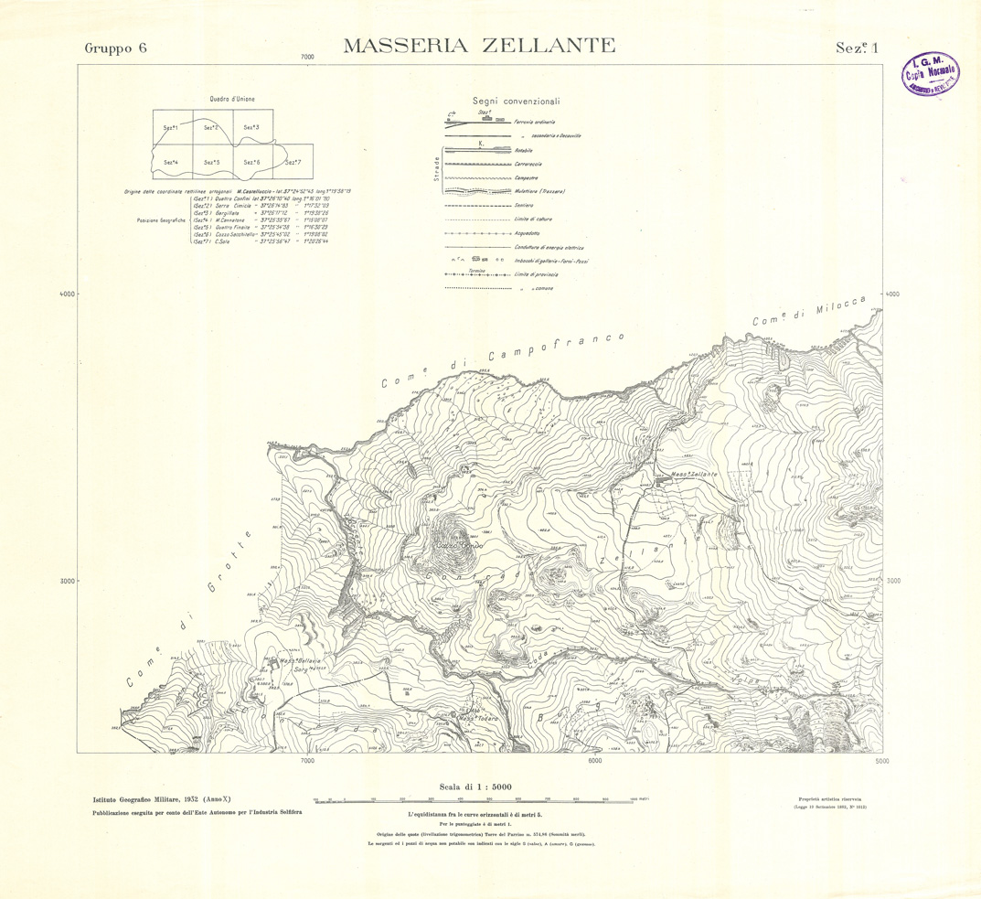 (N:32797) MINIERE SOLFIFERE DELLA SICILIA GRUPPO 6 SEZ 1 MASSERIA ZELLANTE (SE006754) Carte e stampe antiche: riproduzione a colori su carta (formato A1)