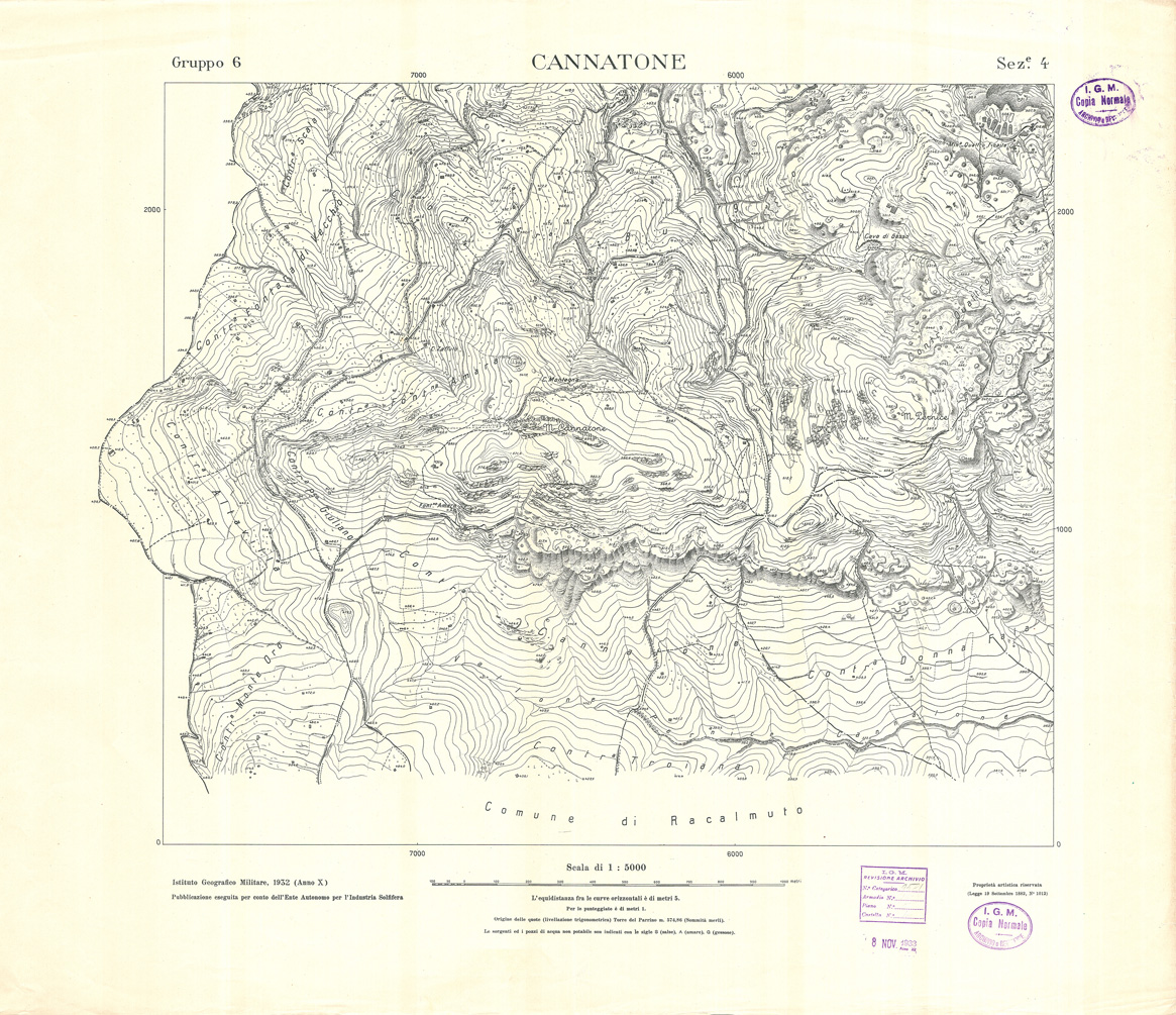 (N:32800) MINIERE SOLFIFERE DELLA SICILIA GRUPPO 6 SEZ 4 CANNATONE (SE006757) Carte e stampe antiche: riproduzione a colori su carta (formato A1)