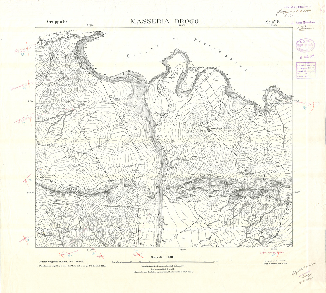 (N:32831) MINIERE SOLFIFERE DELLA SICILIA GRUPPO 10 SEZ 6 MASSERIA DROGO (SE006791) Carte e stampe antiche: riproduzione a colori su carta (formato A1)