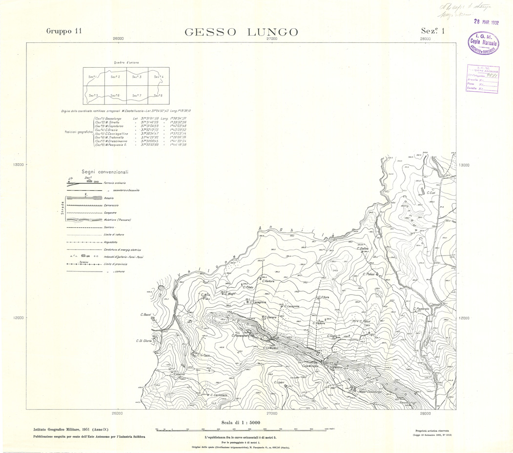 (N:32842) MINIERE SOLFIFERE DELLA SICILIA GRUPPO 11 SEZ 1 GESSO LUNGO (SE006802) Carte e stampe antiche: riproduzione a colori su carta (formato A1)