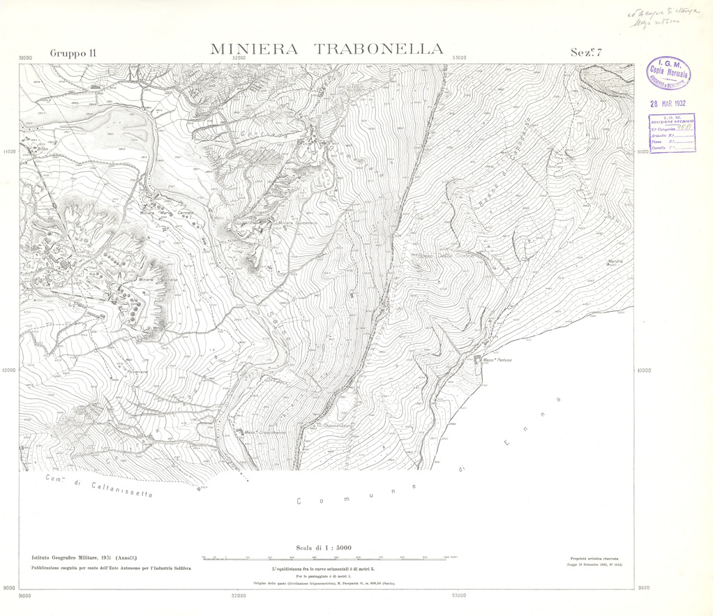 (N:32848) MINIERE SOLFIFERE DELLA SICILIA GRUPPO 11 SEZ 7 MINIERA TRABONELLA (SE006808) Carte e stampe antiche: riproduzione a colori su carta (formato A1)