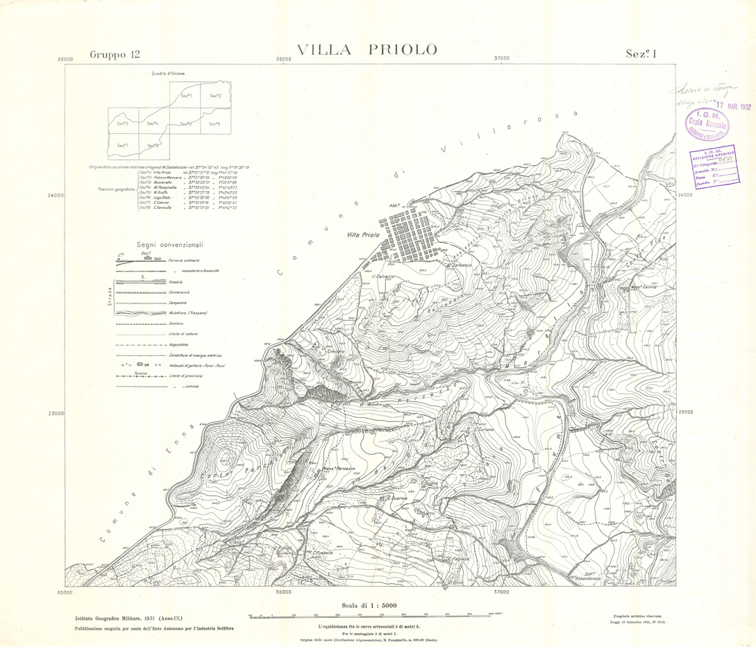 (N:32850) MINIERE SOLFIFERE DELLA SICILIA GRUPPO 12 SEZ 1 VILLA PRIOLO (SE006810) Carte e stampe antiche: riproduzione a colori su carta (formato A1)