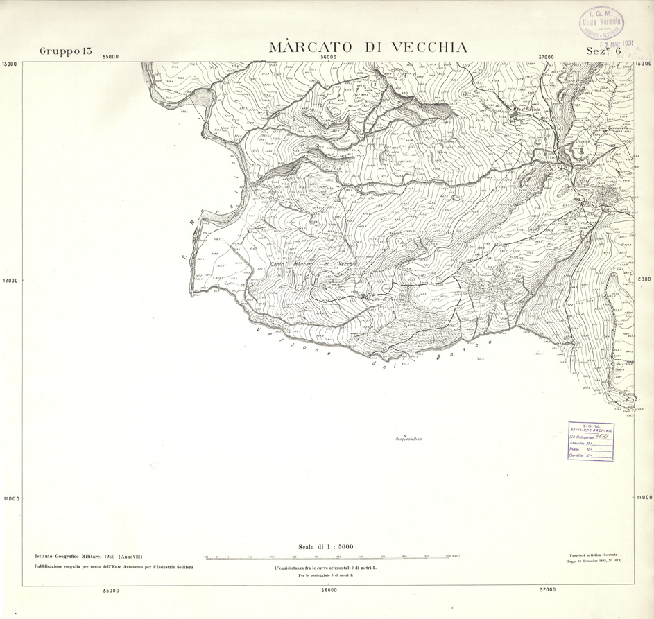 (N:32866) MINIERE SOLFIFERE DELLA SICILIA GRUPPO 13 SEZ 6 MARCATO DI VECCHIA (SE006823) Carte e stampe antiche: riproduzione a colori su carta (formato A1)