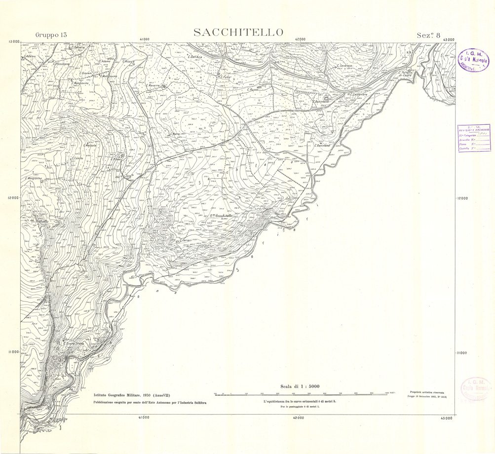 (N:32868) MINIERE SOLFIFERE DELLA SICILIA GRUPPO 13 SEZ 8 SACCHITELLO (SE006825) Carte e stampe antiche: riproduzione a colori su carta (formato A1)