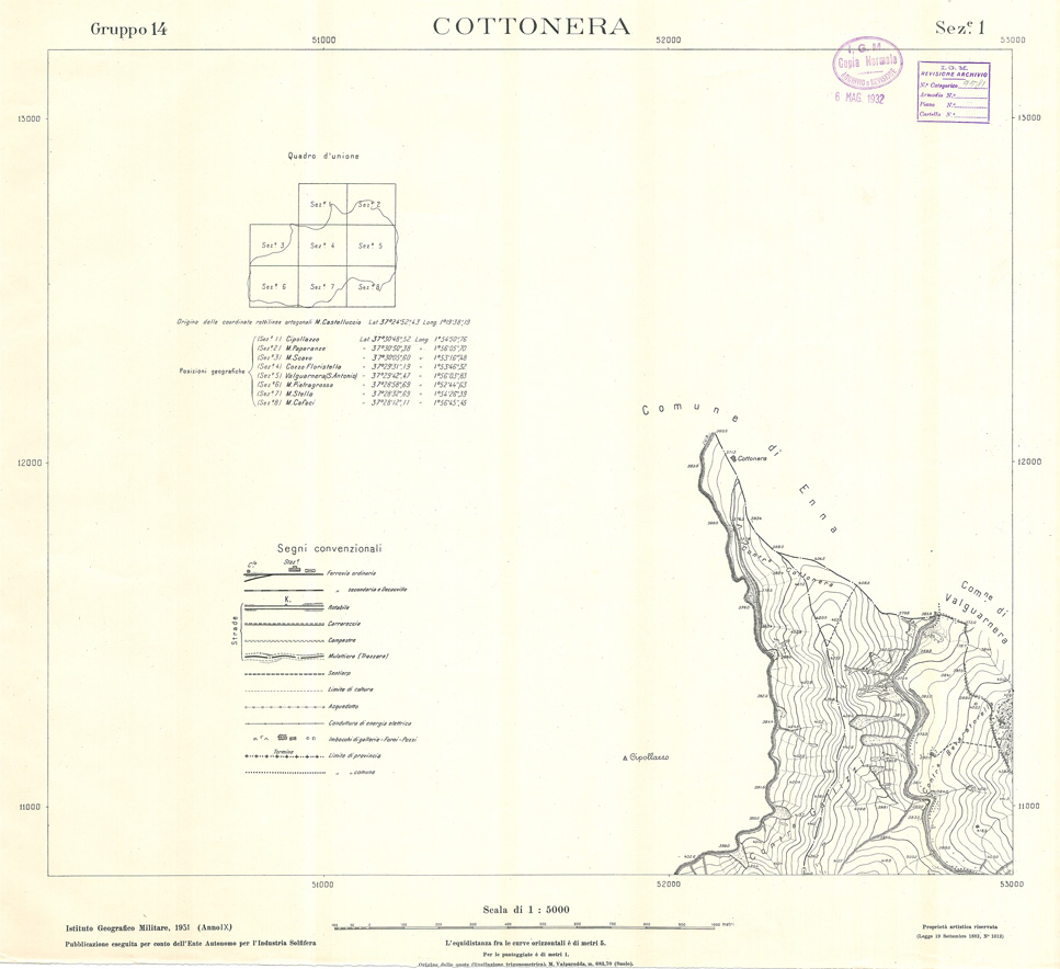 (N:32873) MINIERE SOLFIFERE DELLA SICILIA GRUPPO 14 SEZ 1 COTTONERA (SE006829) Carte e stampe antiche: riproduzione a colori su carta (formato A1)