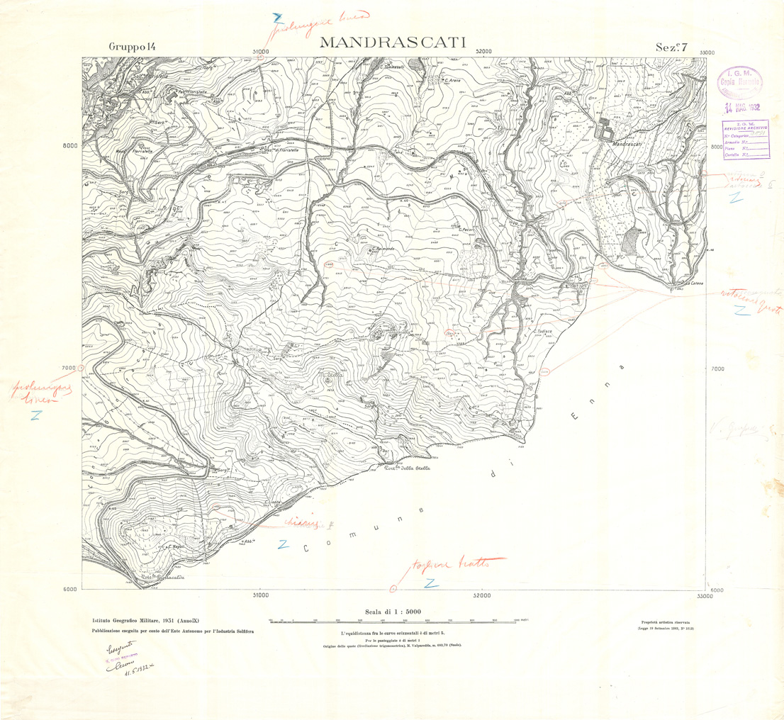 (N:32880) MINIERE SOLFIFERE DELLA SICILIA GRUPPO 14 SEZ 7 MANDRASCATI (SE006835) Carte e stampe antiche: riproduzione a colori su carta (formato A1)