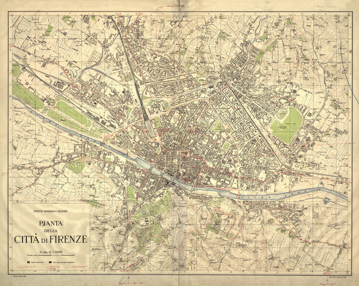 (N:35382) PIANTA DELLA CITTA' DI FIRENZE - EDIZIONE 1950 (SE009483, SE009484, SE009485, SE007104) Carte e stampe antiche: riproduzione a colori su carta (formato A1)