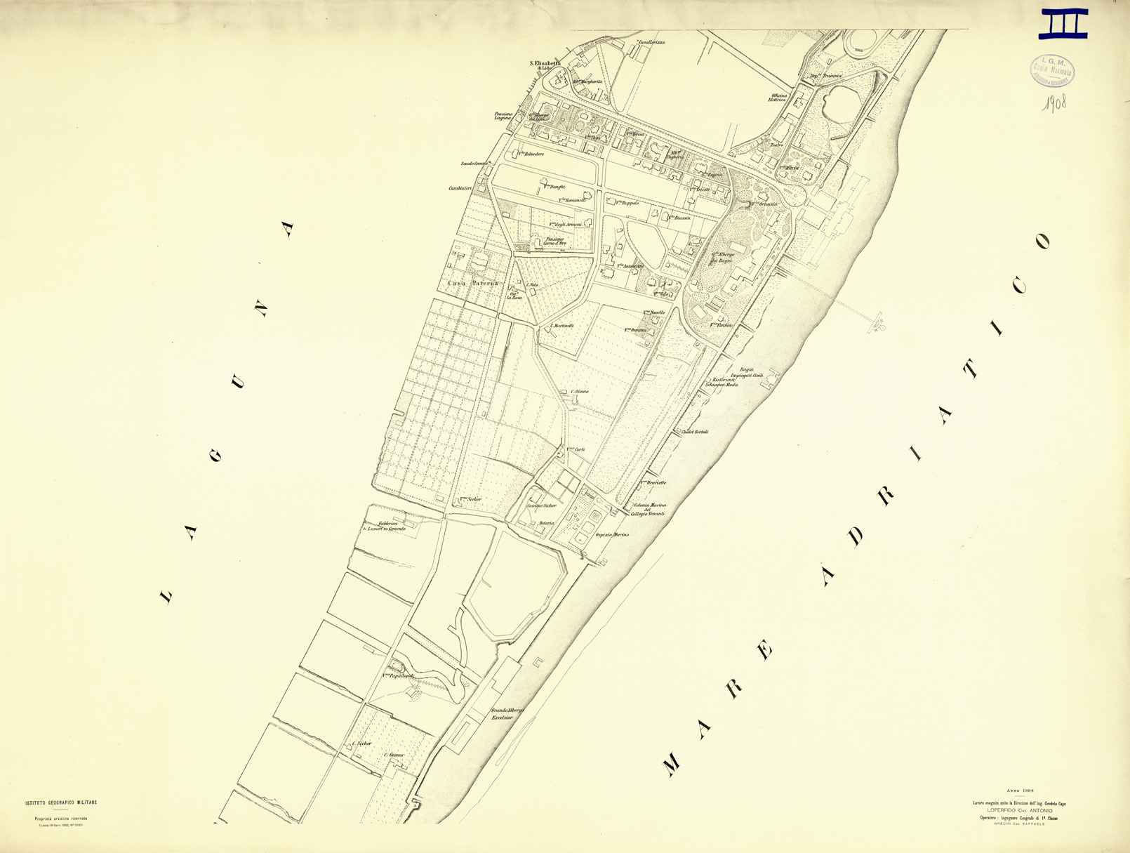(N:32460) LIDO DI VENEZIA - FOGLIO 3 - ALBERGO UNGHERIA (SE007158) Carte e stampe antiche: riproduzione a colori su carta (formato A1)