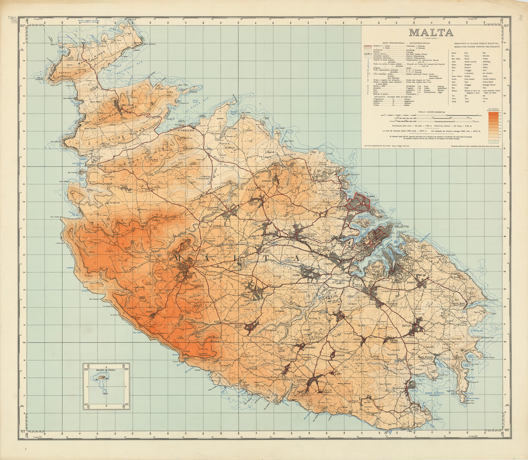 (N:32470) MALTA - COPIA A TINTE IPSOMETRICHE (SE007168) Carte e stampe antiche: riproduzione a colori su carta (formato A1)