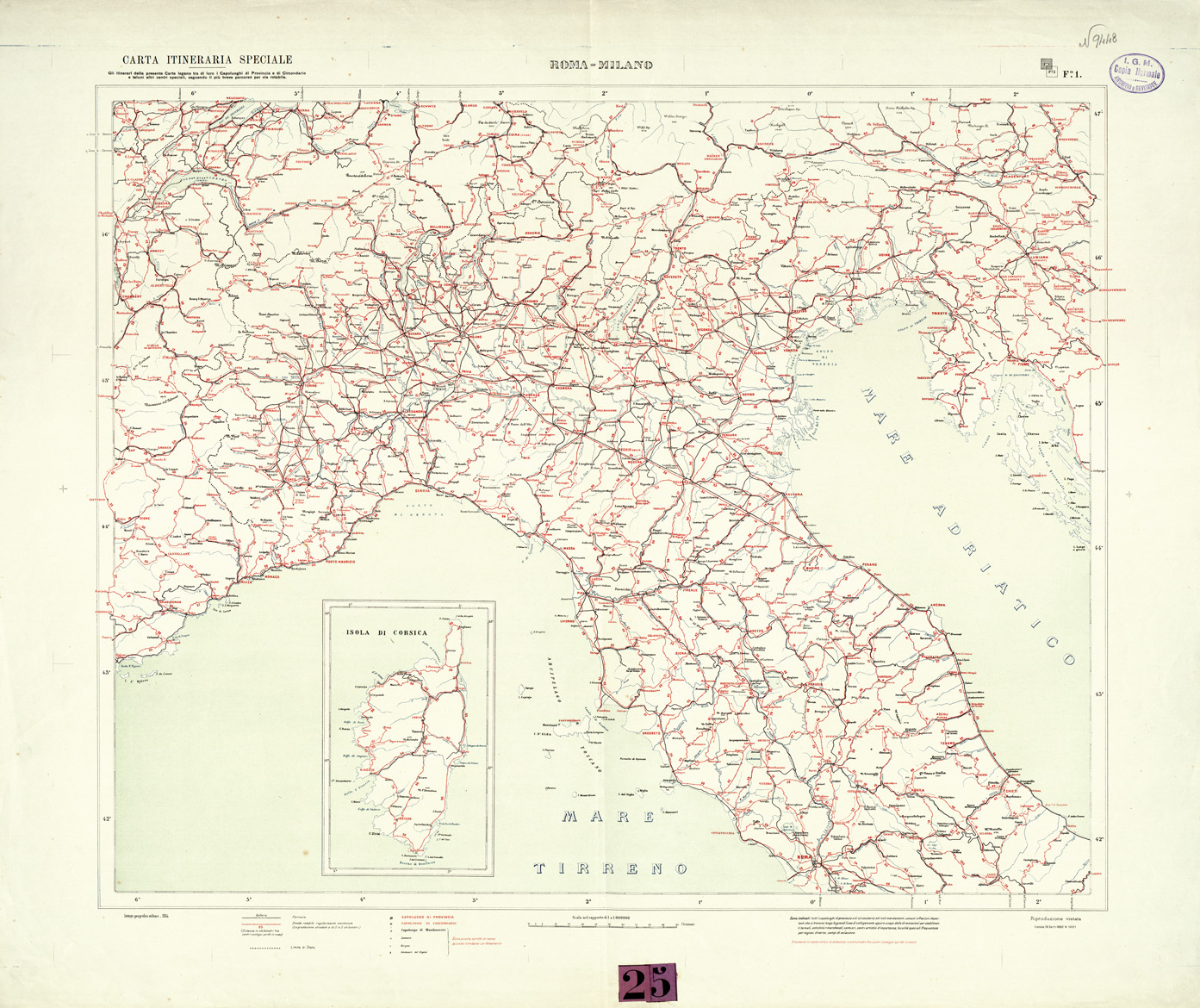 (N:32553) CARTA ITINERARIA SPECIALE DELL' ITALIA - FOGLIO 1 - ROMA - MILANO (SE007252) Carte e stampe antiche: riproduzione a colori su carta (formato A1)